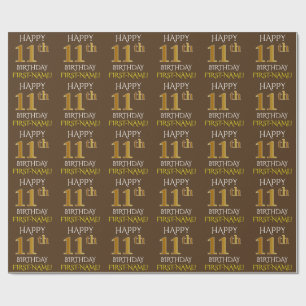 Brown, Faux Gold "HAPPY 11th BIRTHDAY" Wrapping Paper