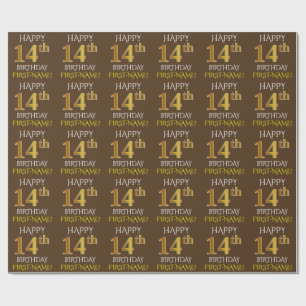 Brown, Faux Gold "HAPPY 14th BIRTHDAY" Wrapping Paper