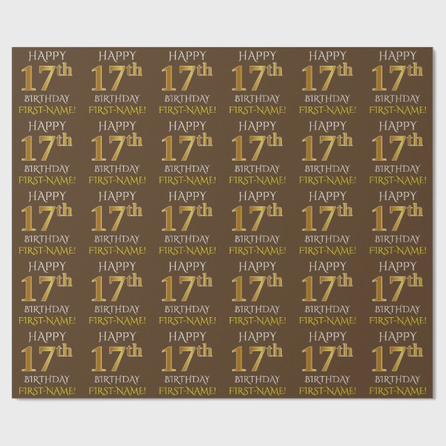 Brown, Faux Gold "HAPPY 17th BIRTHDAY" Wrapping Paper (Flat)