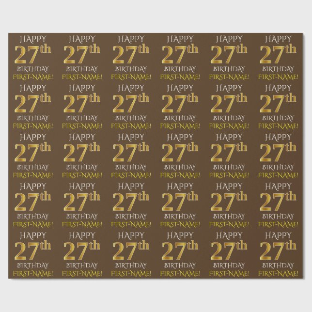 Brown, Faux Gold "HAPPY 27th BIRTHDAY" Wrapping Paper (Flat)
