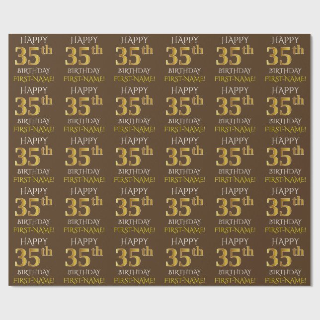 Brown, Faux Gold "HAPPY 35th BIRTHDAY" Wrapping Paper (Flat)