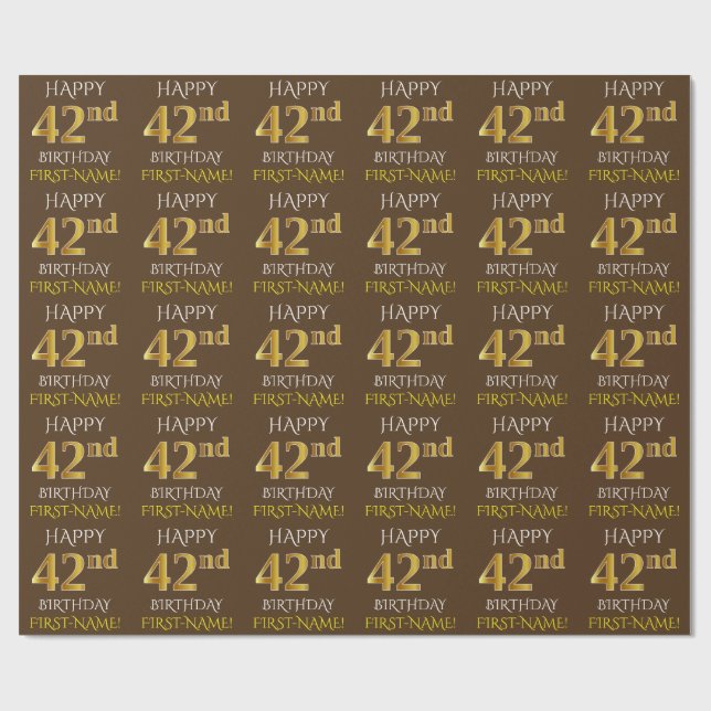 Brown, Faux Gold "HAPPY 42nd BIRTHDAY" Wrapping Paper (Flat)