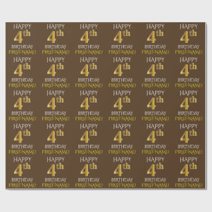 Brown, Faux Gold "HAPPY 4th BIRTHDAY" Wrapping Paper