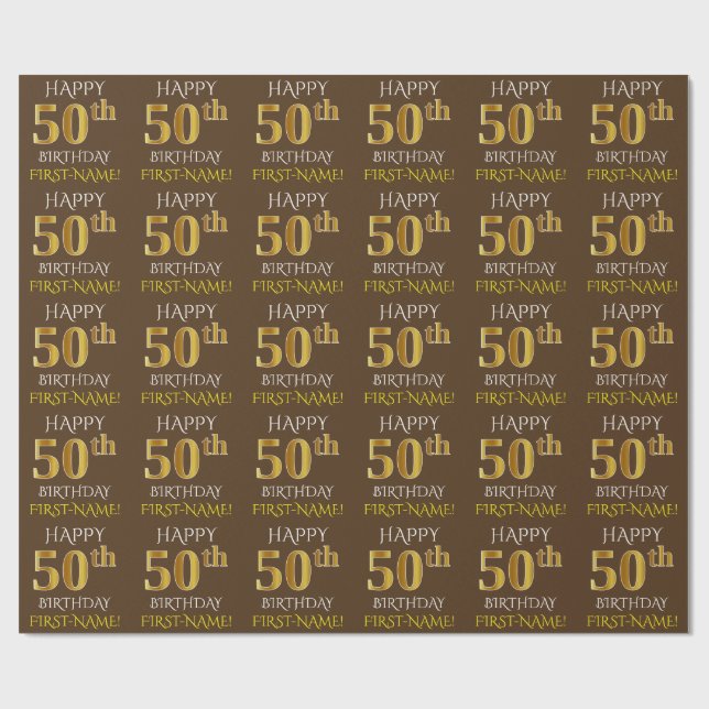 Brown, Faux Gold "HAPPY 50th BIRTHDAY" Wrapping Paper (Flat)