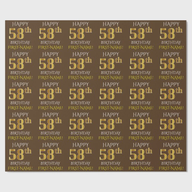 Brown, Faux Gold "HAPPY 58th BIRTHDAY" Wrapping Paper (Flat)