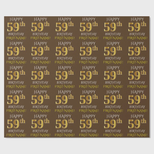 Brown, Faux Gold "HAPPY 59th BIRTHDAY" Wrapping Paper (Flat)