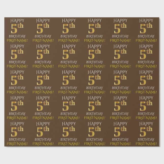 Brown, Faux Gold "HAPPY 5th BIRTHDAY" Wrapping Paper (Flat)