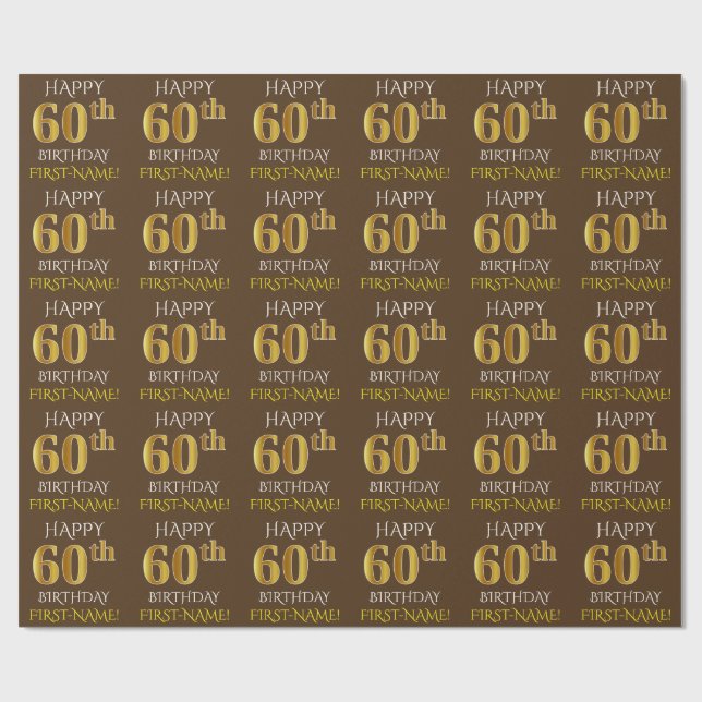 Brown, Faux Gold "HAPPY 60th BIRTHDAY" Wrapping Paper (Flat)