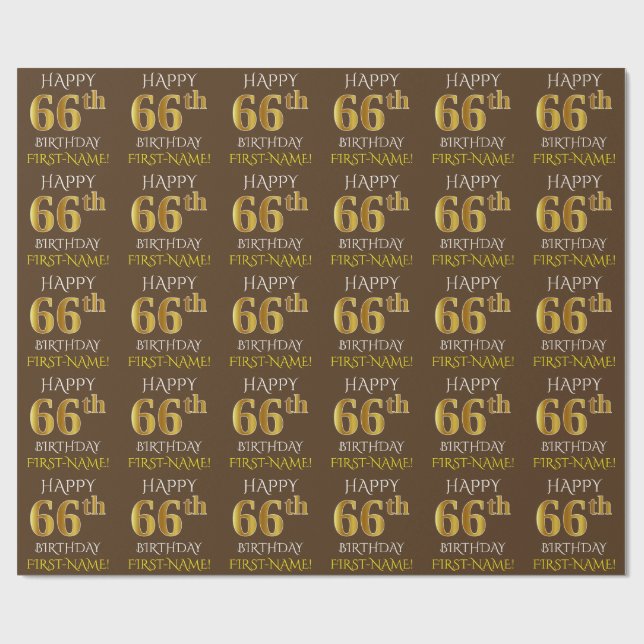 Brown, Faux Gold "HAPPY 66th BIRTHDAY" Wrapping Paper (Flat)