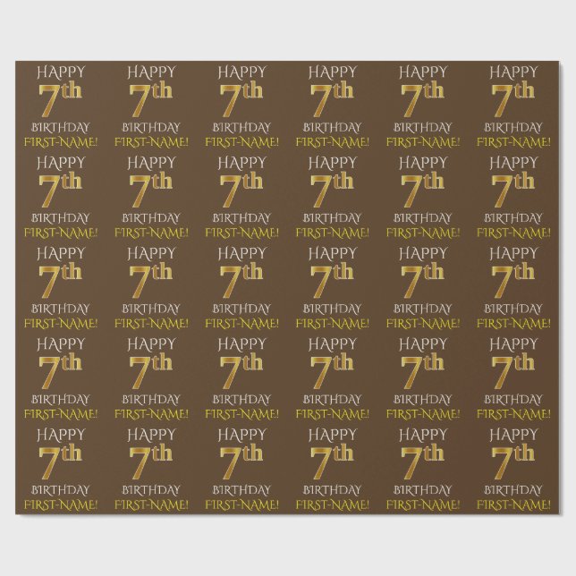 Brown, Faux Gold "HAPPY 7th BIRTHDAY" Wrapping Paper (Flat)