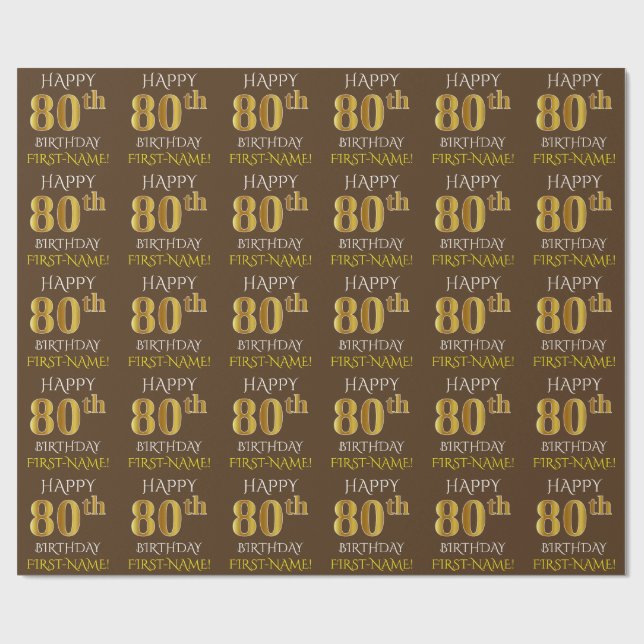 Brown, Faux Gold "HAPPY 80th BIRTHDAY" Wrapping Paper (Flat)