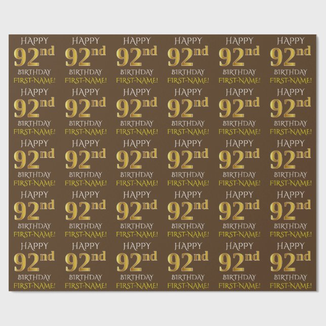 Brown, Faux Gold "HAPPY 92nd BIRTHDAY" Wrapping Paper (Flat)