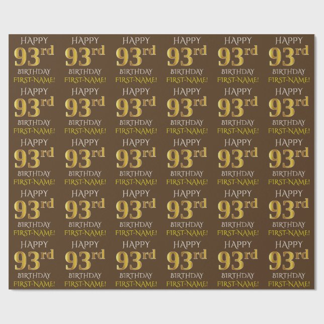 Brown, Faux Gold "HAPPY 93rd BIRTHDAY" Wrapping Paper (Flat)