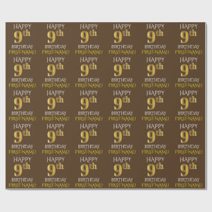 Brown, Faux Gold "HAPPY 9th BIRTHDAY" Wrapping Paper