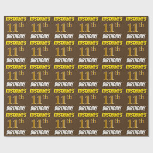 Brown, Faux/Imitation Gold, "11th BIRTHDAY" Wrapping Paper