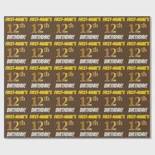 Brown, Faux/Imitation Gold, "12th BIRTHDAY" Wrapping Paper