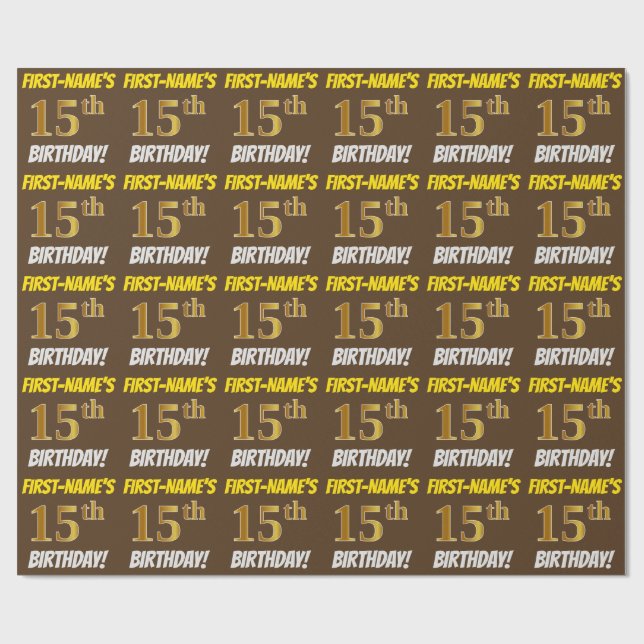 Brown, Faux/Imitation Gold, "15th BIRTHDAY" Wrapping Paper (Flat)