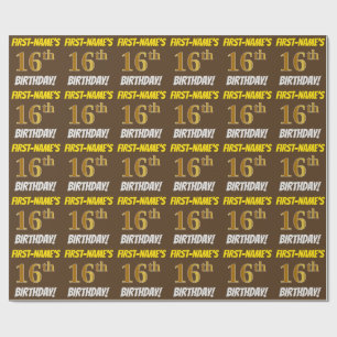 Brown, Faux/Imitation Gold, "16th BIRTHDAY" Wrapping Paper
