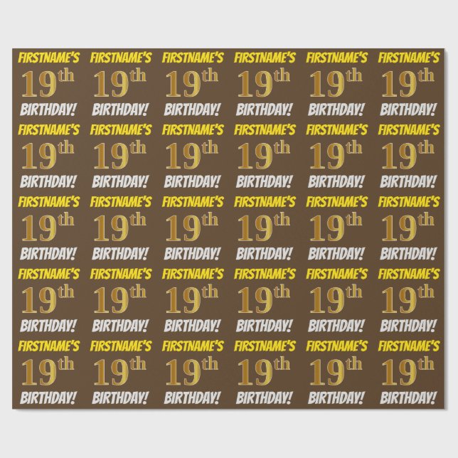 Brown, Faux/Imitation Gold, "19th BIRTHDAY" Wrapping Paper (Flat)