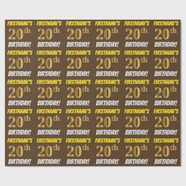 Brown, Faux/Imitation Gold, "20th BIRTHDAY" Wrapping Paper (Flat)