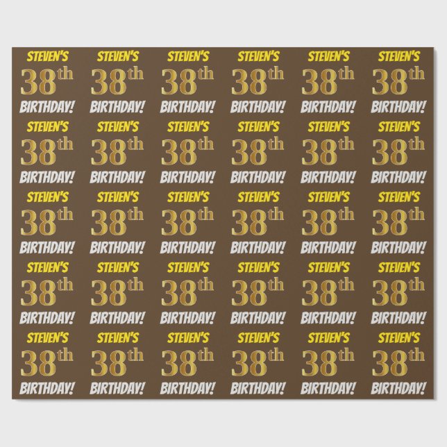 Brown, Faux/Imitation Gold, "38th BIRTHDAY" Wrapping Paper (Flat)