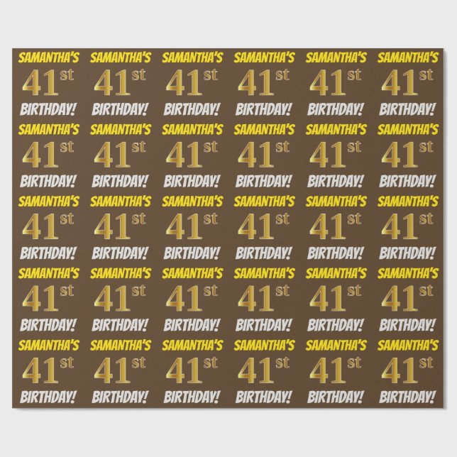 Brown, Faux/Imitation Gold, "41st BIRTHDAY" Wrapping Paper (Flat)