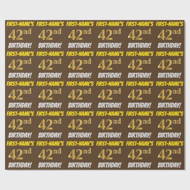 Brown, Faux/Imitation Gold, "42nd BIRTHDAY" Wrapping Paper (Flat)