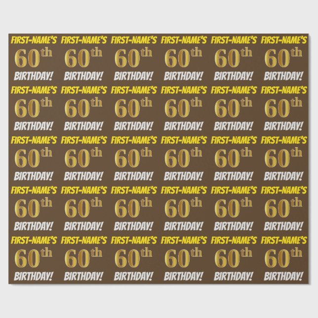 Brown, Faux/Imitation Gold, "60th BIRTHDAY" Wrapping Paper (Flat)