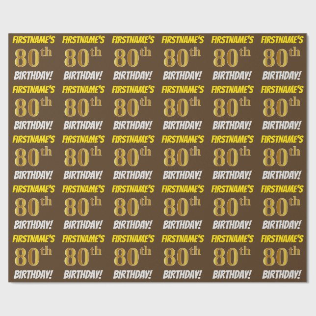 Brown, Faux/Imitation Gold, "80th BIRTHDAY" Wrapping Paper (Flat)