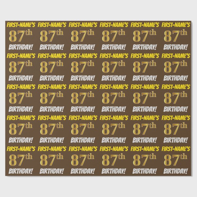 Brown, Faux/Imitation Gold, "87th BIRTHDAY" Wrapping Paper (Flat)