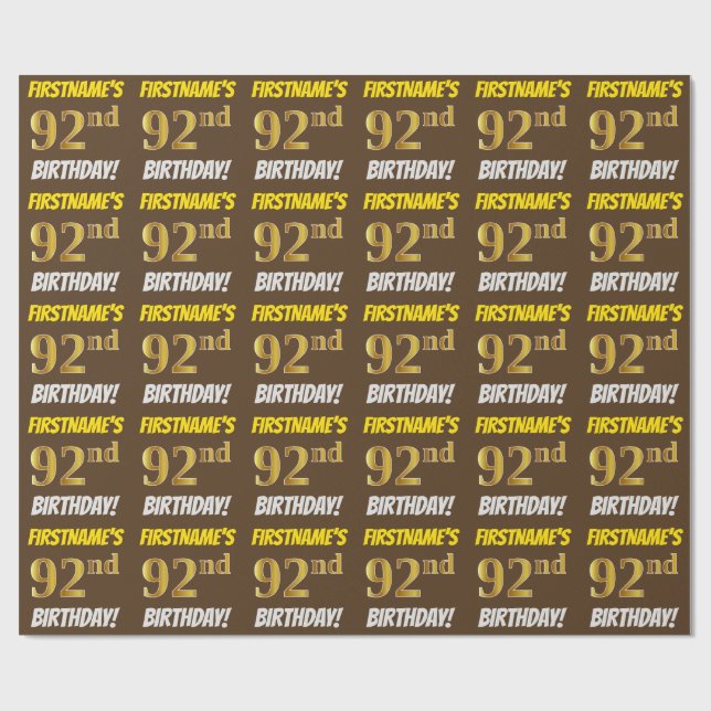 Brown, Faux/Imitation Gold, "92nd BIRTHDAY" Wrapping Paper (Flat)