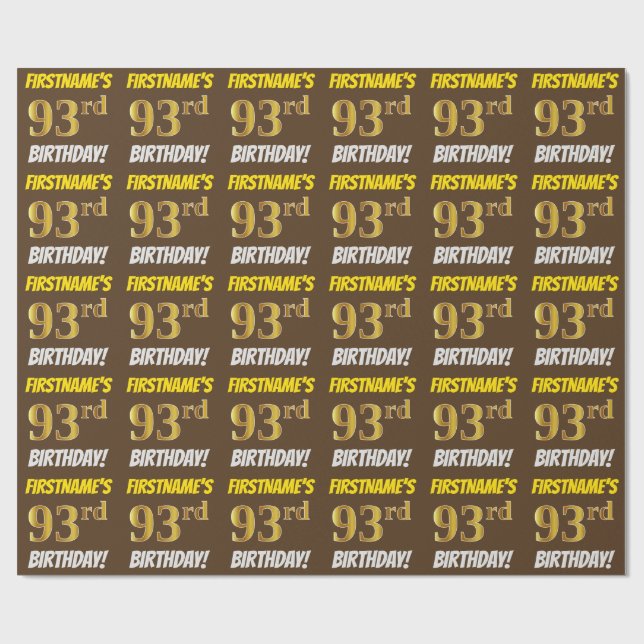 Brown, Faux/Imitation Gold, "93rd BIRTHDAY" Wrapping Paper (Flat)