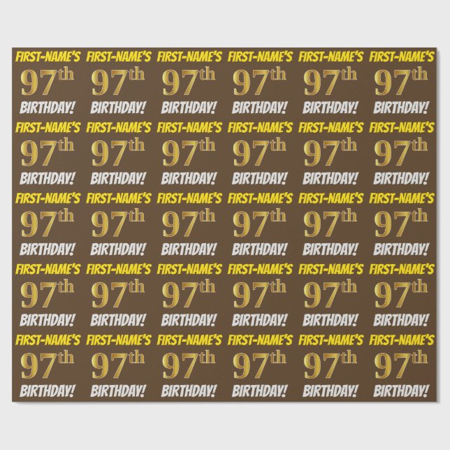Brown, Faux/Imitation Gold, "97th BIRTHDAY" Wrapping Paper (Flat)