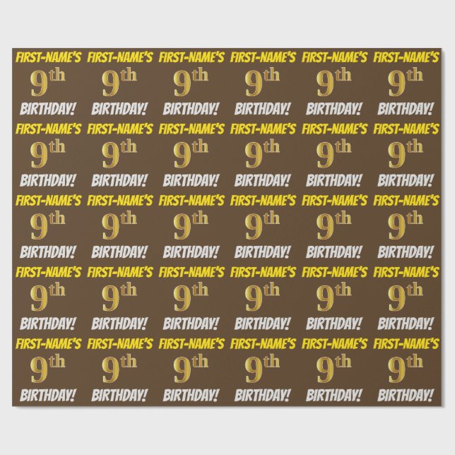 Brown, Faux/Imitation Gold, "9th BIRTHDAY" Wrapping Paper (Flat)