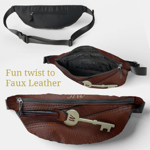 Brown faux Leather Brass Key Sophisticated Stylish Bum Bags