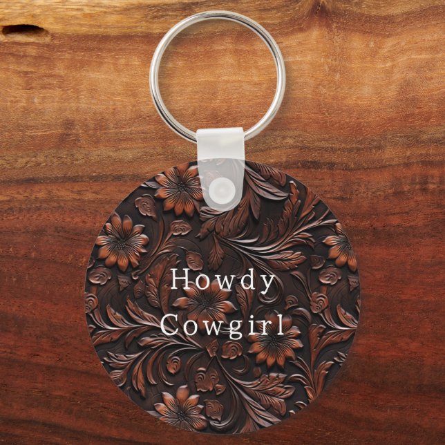Brown Faux Leather Cowgirl Floral Key Ring (Front)