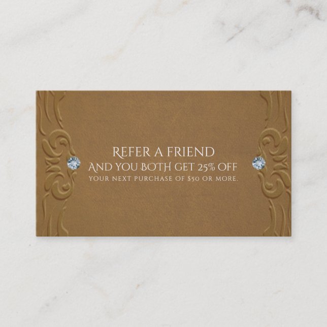 Brown Faux Leather & Diamonds Glam Rustic Referral Card (Front)