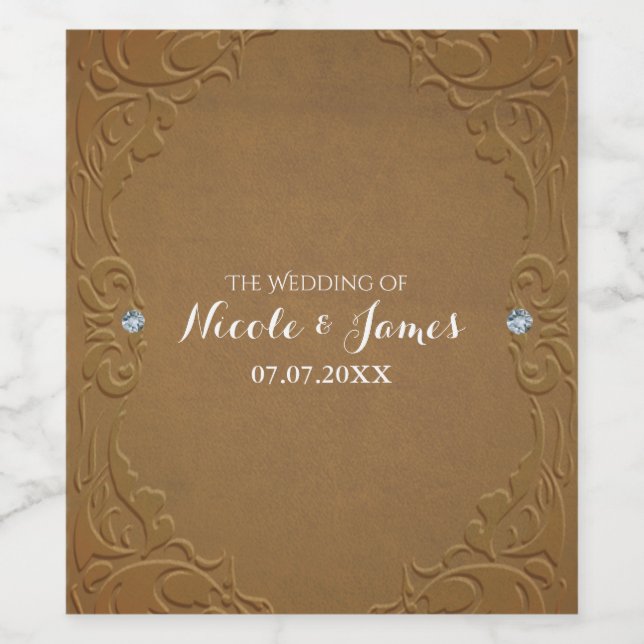 Brown Faux Leather & Diamonds Glam Rustic Wine Label (Single Label)