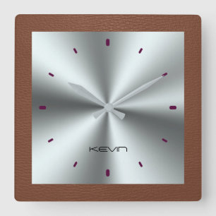 Brown Faux Leather & Metallic Stainless Steel Square Wall Clock