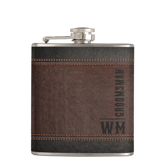 Brown Faux Leather Monogram Groomsman Gift Hip Flask (Front)