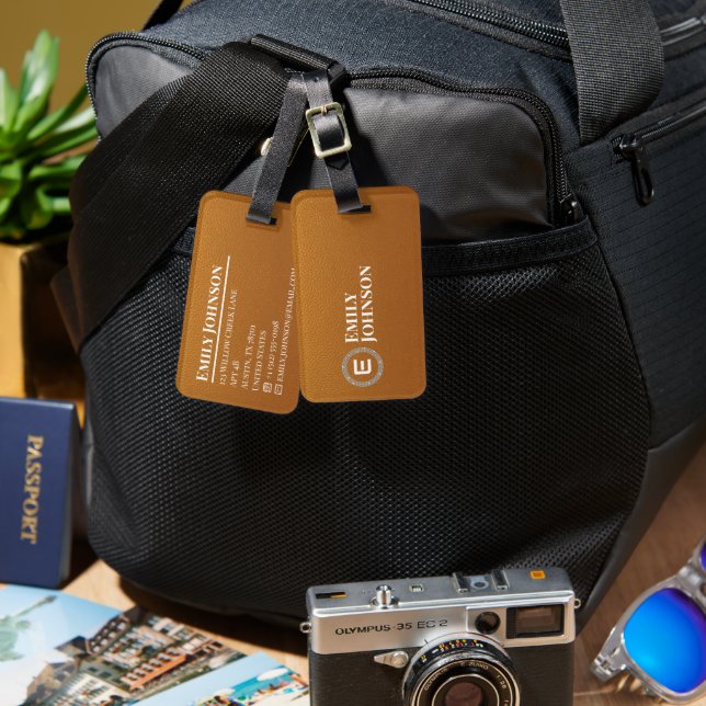 Brown Faux Leather Monogram Name Luggage Tag (Front & Back)