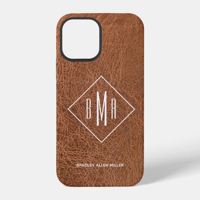 Brown Faux Leather Monogrammed iPhone Case (Back)