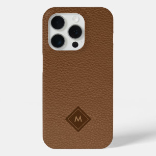 Brown Faux Leather Texture Monogram iPhone 15 Pro Case