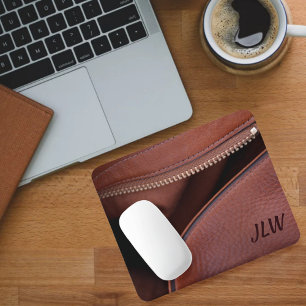 Brown Faux Leather with Zipper and Initials Mouse Pad