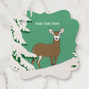 Brown Female Deer Beside Pine Tree in Snow Green Favour Tags