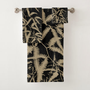 Brown fern wit black background throw pillow bath towel set