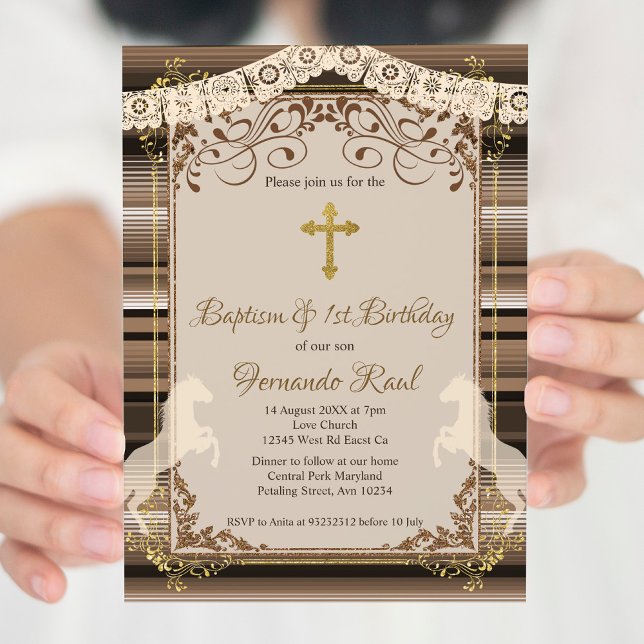 Brown Fiesta Baptism Cross and First Birthday  Invitation (Creator Uploaded)