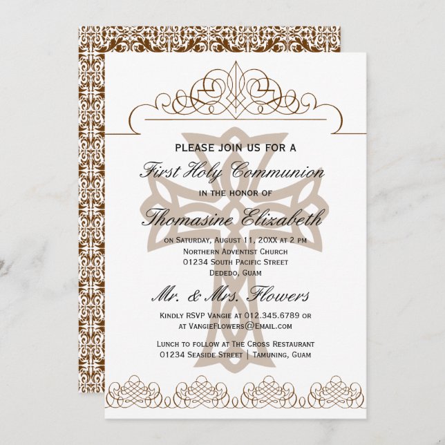 Brown First Holy Communion Cross Invitations (Front/Back)