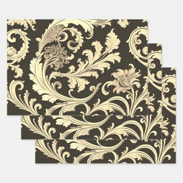 Brown Fleur Antique Pattern Wrapping Paper Sheet (Set)