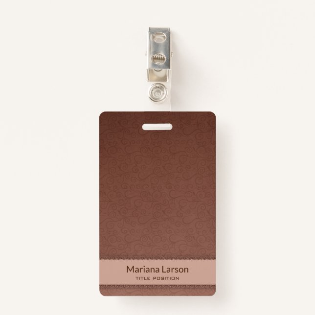 Brown Floral Damask Pattern ID Badge (Front with Clip)